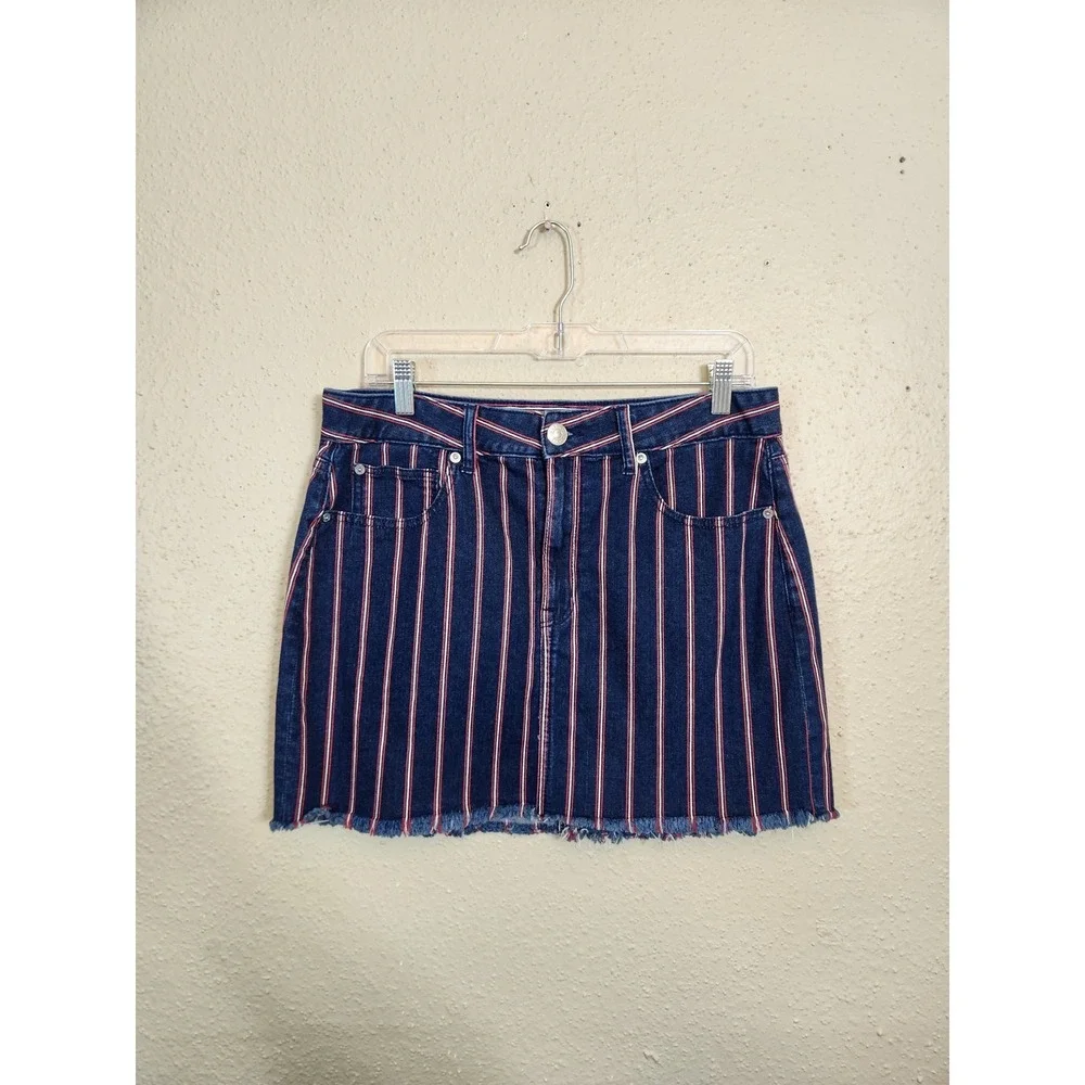 American Eagle Womens 12 Blue Striped Hi-Rise Mini Denim Skirt Super‎ Stretch